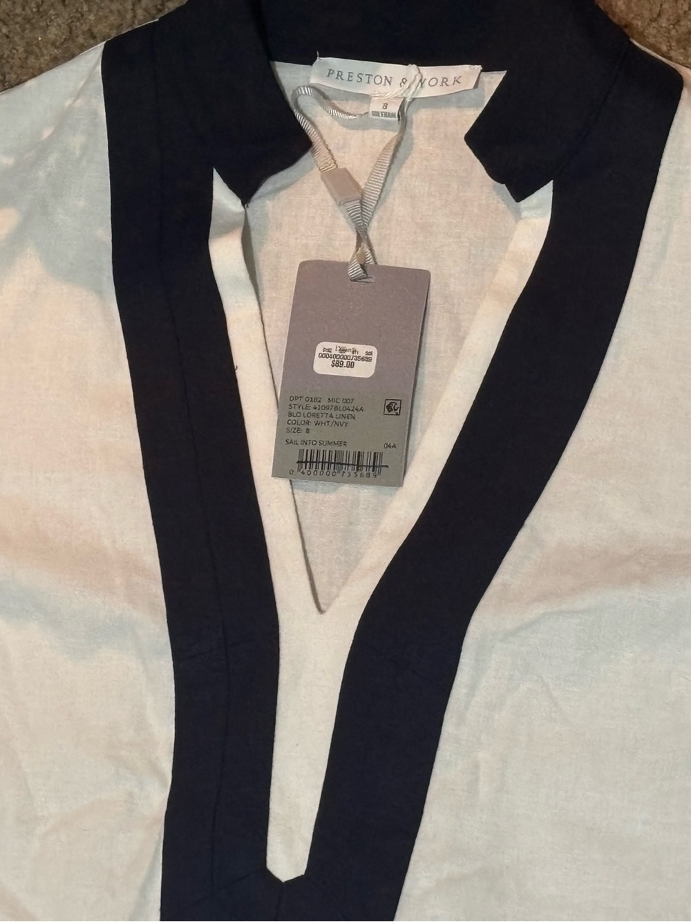 Preston & York white tunic blouse, size 8 NWT